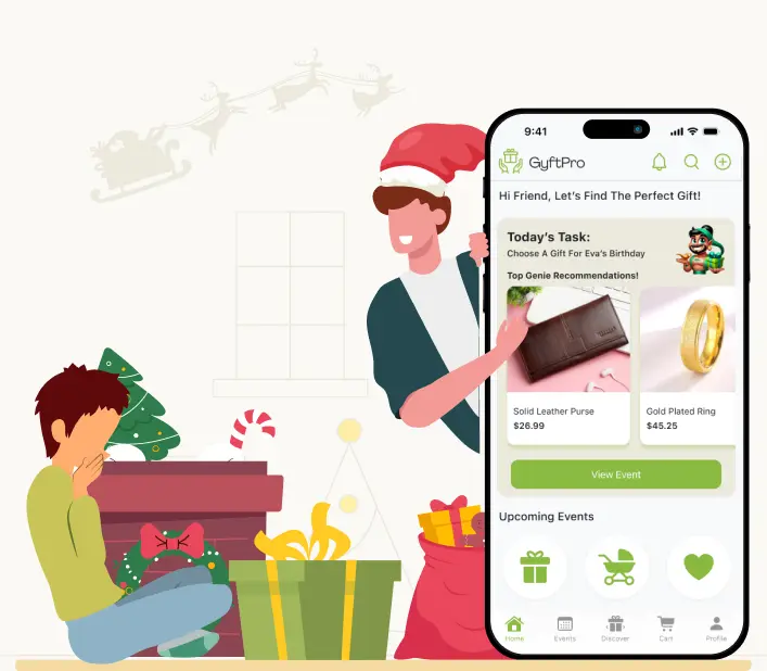 Secret Santa gift exchange illustration with mobile gift recommendation app