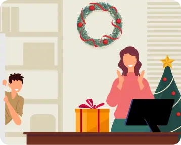 Woman surprised by a Secret Santa gift at her desk