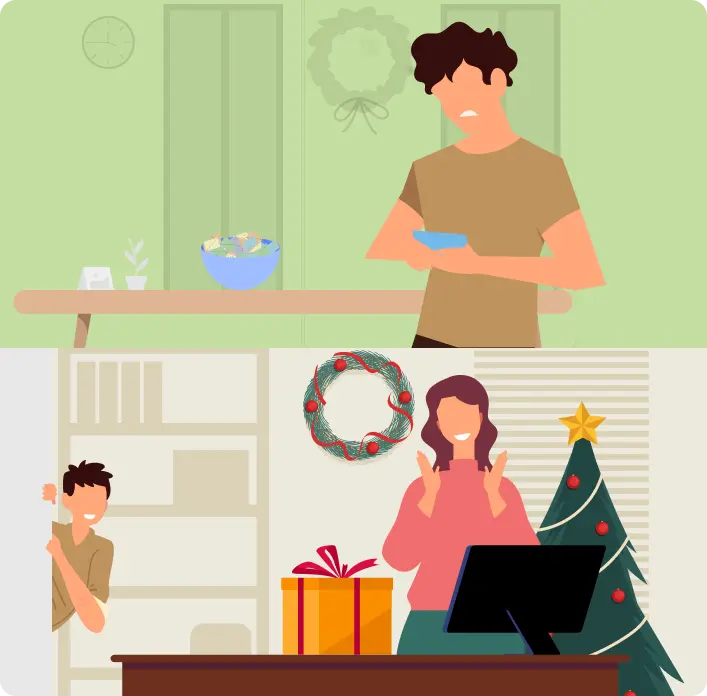 Man checking Secret Santa slip and woman receiving Secret Santa gift